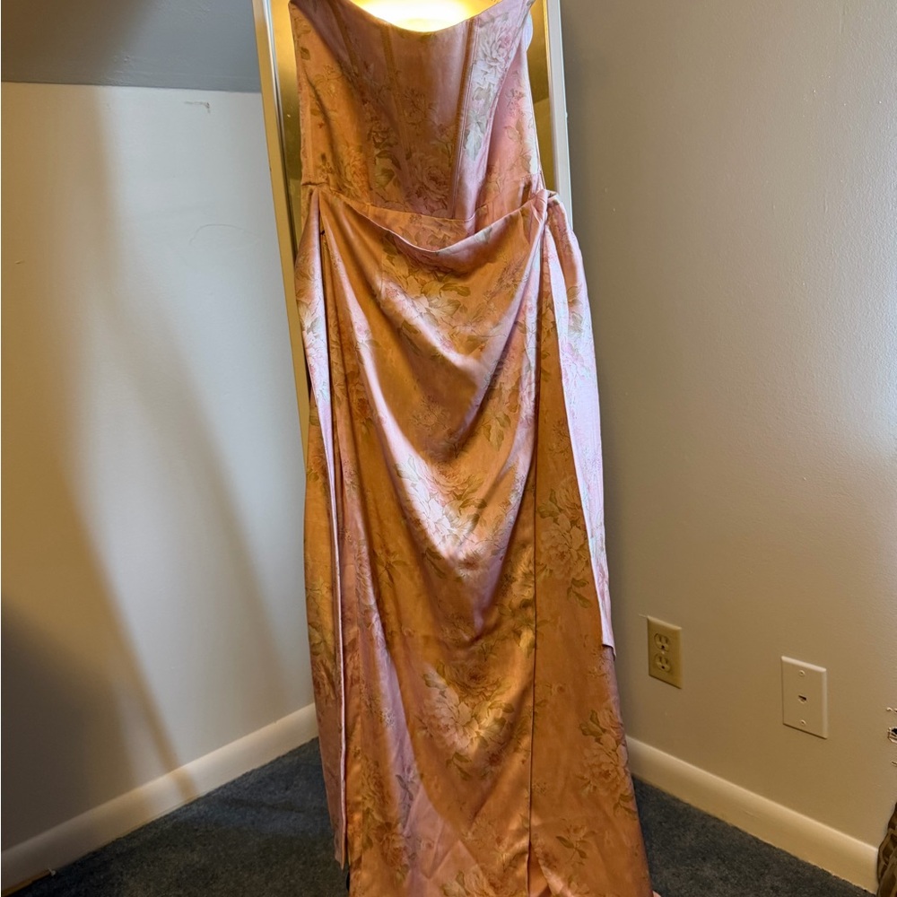 V. Chapman Strapless Blush Pink Floral Satin Gown - Picture 2 of 2